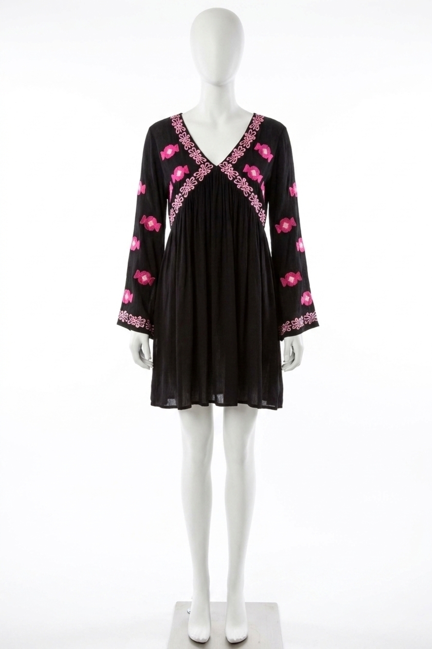 NEW VELZERA embroidered bell sleeve mini dress - plus in black